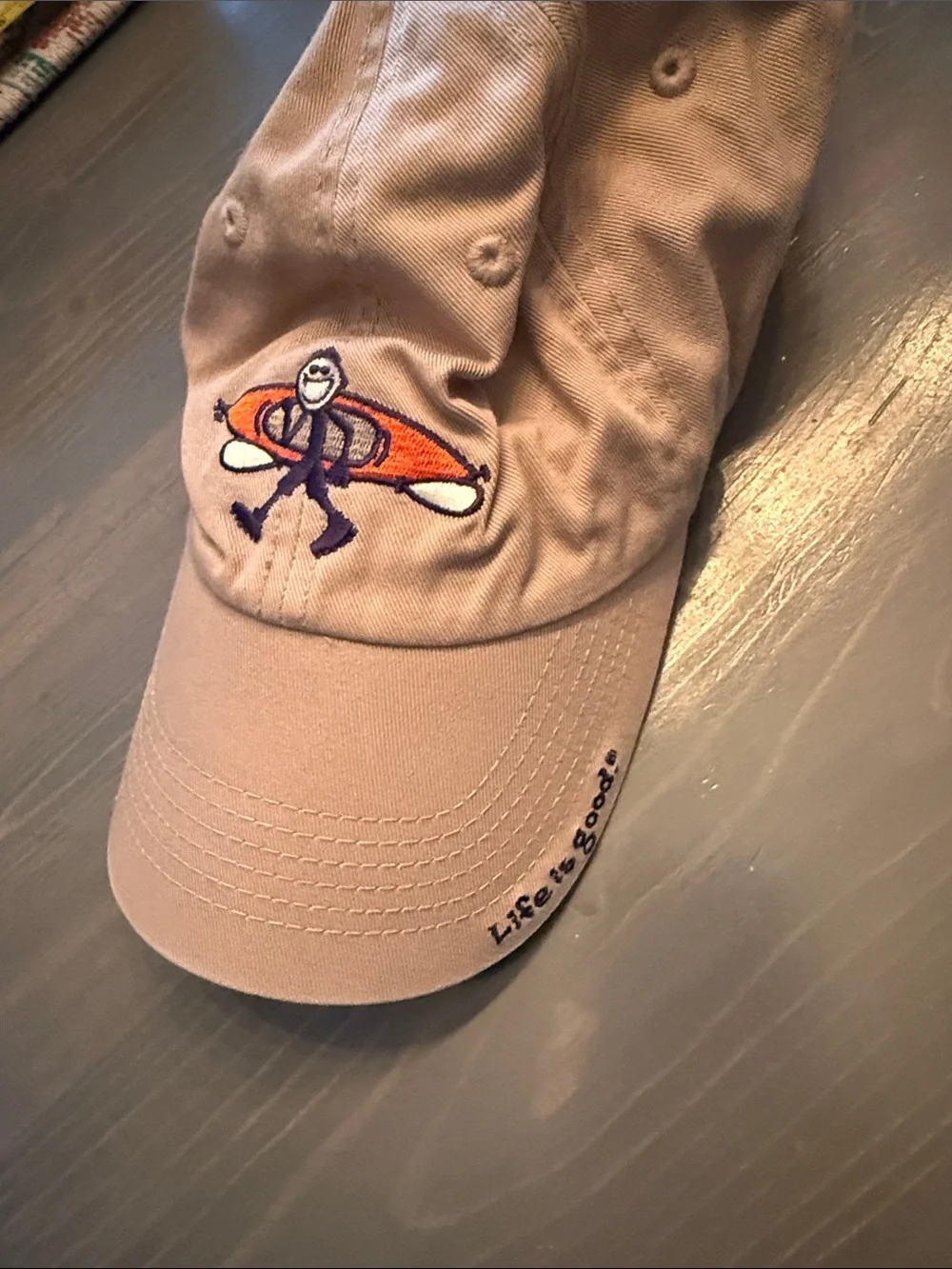 Life is Good Embroidered Kayak Baseball Cap - Tan with Orange Accent
